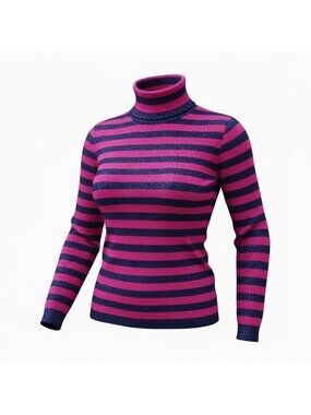 NEW J.Crew Womens M Roll Neck Striped Blue Pink Top Sweater Shine Cotton Blend